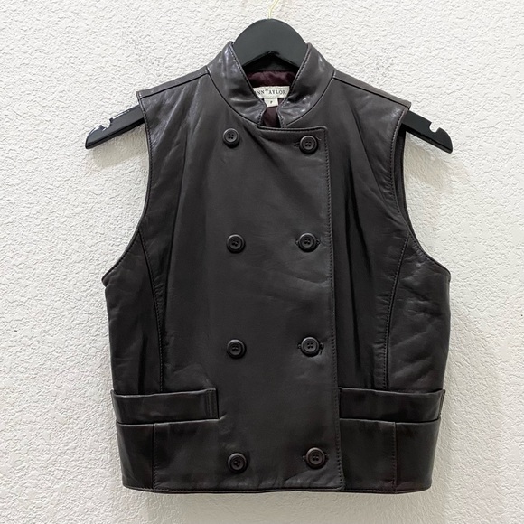Vintage Ann Taylor Chocolate Brown Double Breasted 100% Leather Vest Petite S - Picture 6 of 13